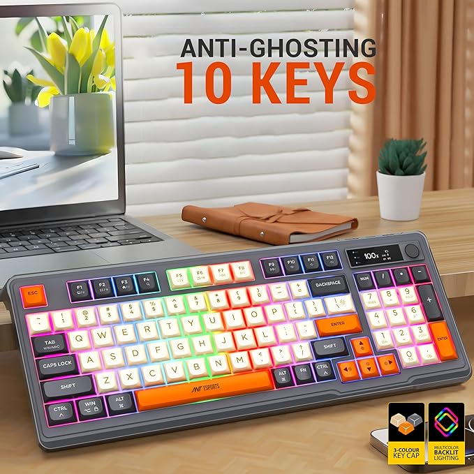 Ant Esports MK801 V2 Pro Wireless Mechanical Membrane Backlit Gaming Keyboard 94 Keys 2.4G/Bluetooth Mode Compact Numeric Pad RGB Keyboard for Home Internet Cafe Game Room Office_ Grey, Beige, Orange