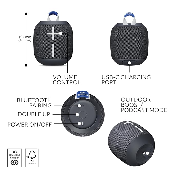 Ultimate Ears WONDERBOOM 4 Portable Waterproof Bluetooth Speaker with Big Bass and 360-Degree Sound, 40 m (131ft) Range (5 color options)