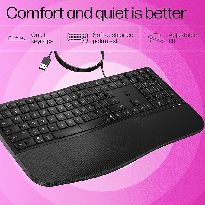 HP 480 Comfort Wired Keyboard, USB-A connectivity, 23 programmable Keys, Microsoft Copilot, Cushioned Palm Rest, Adjustable tilt, Spill Resistant, 1-Year Limited Warranty, Black