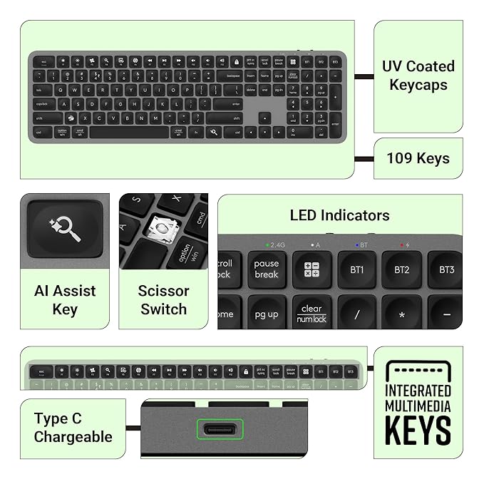 ZEBRONICS K5002MW Slim Wireless Keyboard with in-Built Battery, Copilot AI Key, Windows | Mac | iOS | Android, Scissor Switch, 3 Bluetooth + 2.4Ghz, 109 Keys, 13 Multimedia Keys, Type C Charging