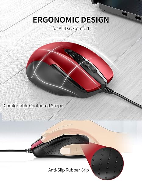 TECKNET USB Wired 6-Button Mouse With 4 Adjustable DPI, Optical Computer With Ergonomic Design and 5FT Cord for Laptop, Chromebook, PC, Desktop, Mac, Notebook - Red