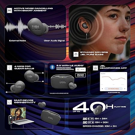 JBL Wave Buds 2 Ear Buds Wireless BluetoothV5.3, Active Noise Cancellation EarBuds 40H Playback, Fast Pair (4 color options)