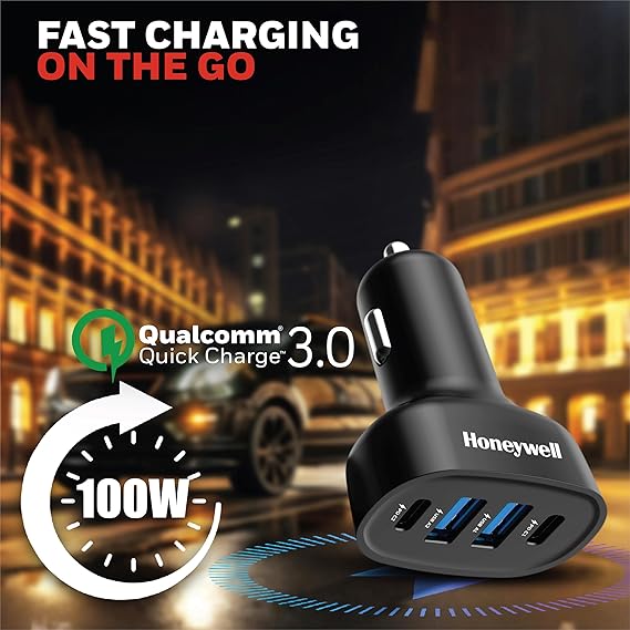 Honeywell Newly Launched Micro CLA 100W PD Smart Car Charger, 2xType C & 2xUSB A Port, Ultra-Fast Charging (Black)