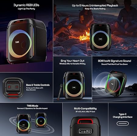 boAt PartyPal 220 Bluetooth Party Speaker w/ 80 W Signature Sound, Karaoke with Mic, RGB LEDs, Up to 6 hrs Playback (Midnight Black)
