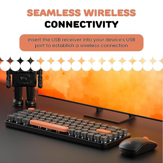 Ambrane Combo of Wireless Keyboard with Mouse Retro Typewriter Inspired, 2.4GHz for Desktop, Laptop, MacBook and Devices with USB Support, Compact Light-Weight, Single Nano Receiver (KeyPop, Black)