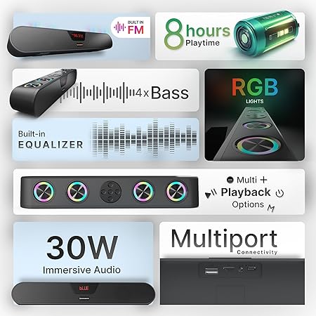 CrossBeats Blaze B30 Bluetooth 30W Soundbar Gaming RGB Light | AUX, BT, SD Card, USB &FM I 8 Hrs Playtime Fast Charge| TWS Pairing