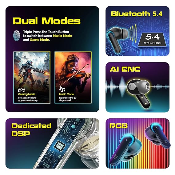 CrossBeats Fury Max Gaming TWS in-Ear Buds |100hr Playtime Bluetooth Earphones | RGB Lights | BT v5.4 (2 color options)