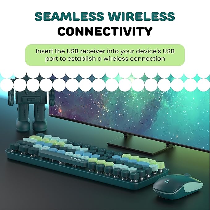 Ambrane Combo of Wireless Keyboard with Mouse Retro Typewriter Inspired, 2.4GHz for Desktop, Laptop, MacBook and Devices with USB Support, Compact Light-Weight, Single Nano Receiver (KeyPop, Green)