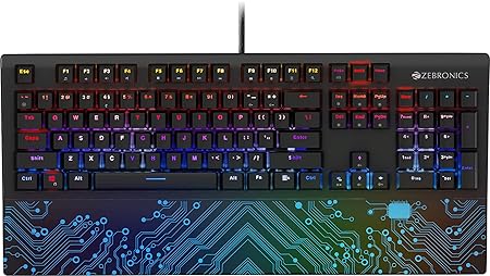 ZEBRONICS Zeb-MAX Chroma Premium Mechanical Gaming Keyboard with 104 Tactile Switch Keys, Wrist Rest, 18 RGB LED Modes, Braided & Gold Plated USB Cable