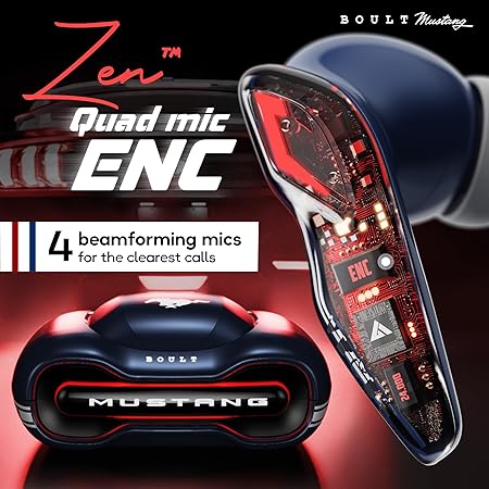 Mustang Torq Wireless in Ear Earbuds with 50H Playtime, App Support, Quad Mic ENC, 45ms Low Latency (3 color options)