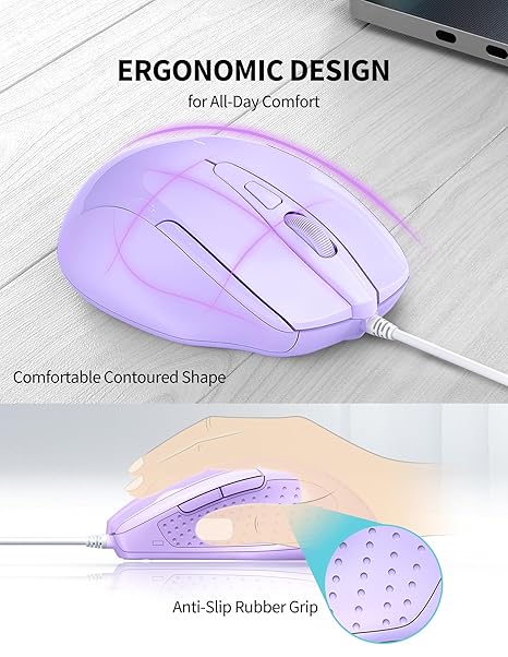 TECKNET Wired Mouse, 6-Button Corded with 4 Adjustable DPI, Optical Ergonomic Design, 5FT Cord for Laptop, Chromebook, PC, Desktop, Mac, Notebook - LT.Purple