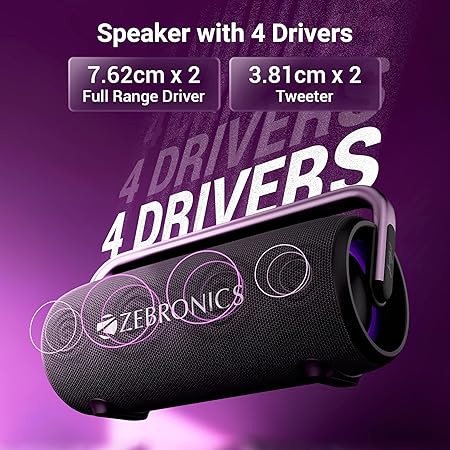 ZEBRONICS AXON 100 Portable Party Bluetooth Speaker, 90W RMS, Quad Drivers + Dual Passive Radiators, IPX5, Upto 6 Hours Playback (Black)