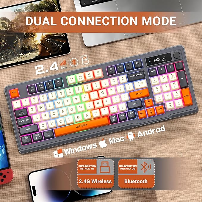 Ant Esports MK801 V2 Pro Wireless Mechanical Membrane Backlit Gaming Keyboard 94 Keys 2.4G/Bluetooth Mode Compact Numeric Pad RGB Keyboard for Home Internet Cafe Game Room Office_ Grey, Beige, Orange