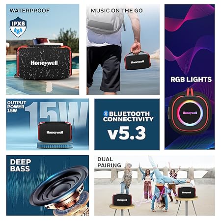 Honeywell Newly Launched Suono P400 15W 5.3 Bluetooth Speaker, Deep Bass Radiators,10H Playtime, IPX 6, Type-C Port (Black)