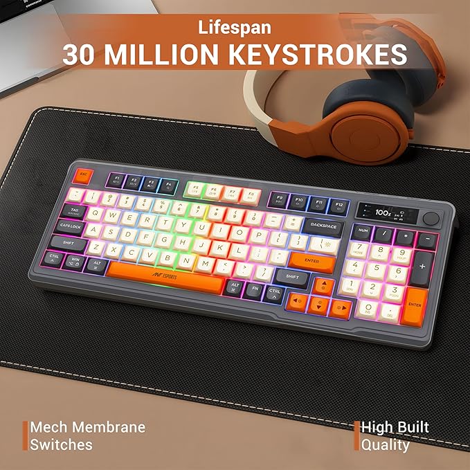 Ant Esports MK801 V2 Pro Wireless Mechanical Membrane Backlit Gaming Keyboard 94 Keys 2.4G/Bluetooth Mode Compact Numeric Pad RGB Keyboard for Home Internet Cafe Game Room Office_ Grey, Beige, Orange