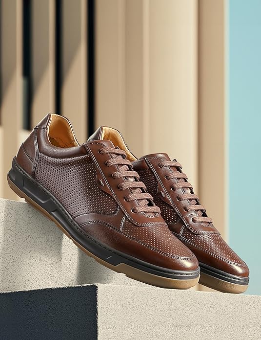 Symbol Premium Mens Smart Casual Lifestyle Leather Sneakers (Brown)