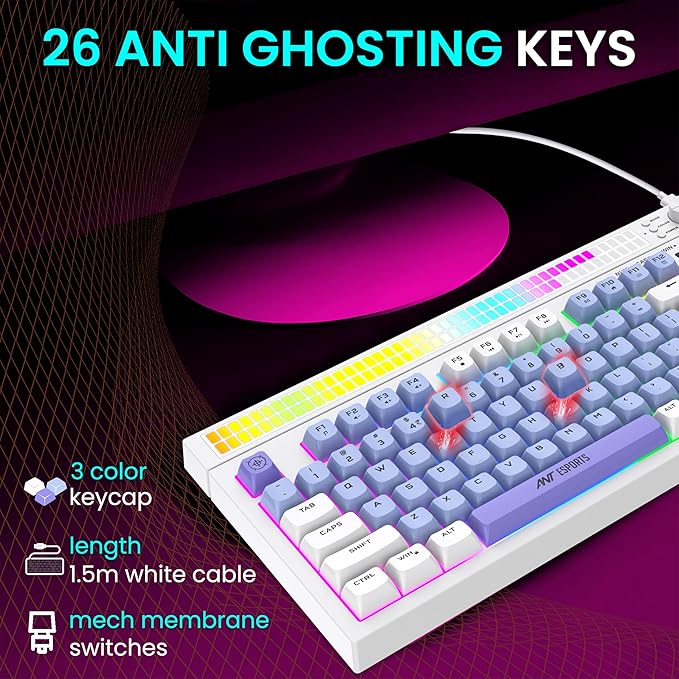 Ant Esports MK1900 RGB Wired Gaming Keyboard with Volume Knob & Alarm Clock, 93 Keys + 6 Macro Keys, Mechanical Feel Membrane, DIY Backlit Effects, Compatible Windows/Mac/Linux – White/Purple/Blue