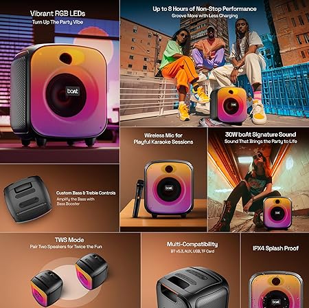 boAt PartyPal 63 Pro Bluetooth Speaker with 30 W Signature Sound, Karaoke with Mic, Customizable RGB LEDs, Wireless Mic, Upto 8 hrs Playback (Midnight Black)