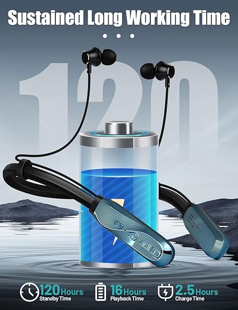TERUBIN Neckband Bluetooth Headphones, 120H Long Playtime Wireless Stereo Neckband Earbuds with Microphone (Blue)