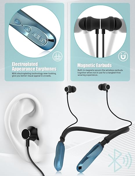 TERUBIN Neckband Bluetooth Headphones, 120H Long Playtime Wireless Stereo Neckband Earbuds with Microphone (Blue)