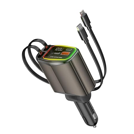 AMPERE 96W Retractable Car Charger - 4 in 1 Fast Car Charger with USB-C & Lightning Cables & Dual USB Ports (Type-C PD & USB-A)