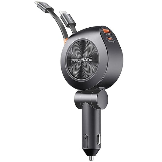 Promate Multi-Port Car Charger with Retractable PD30W USB-C and PD20W Lightning Cables, 20W USB-C, 18W Quick Charge Ports
