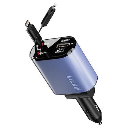 AILKIN 120W 4 in 1 Retractable Car Charger, Super Fast Charge Car Phone Charger, Retractable Cables & 2 USB Ports Car Adapter (Grey)