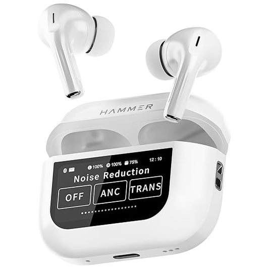 HAMMER Screen TWS, ANC (32dB), Smart Touch Display True Wireless Buds, Type-C Fast Charging, Bv5.4 (White)