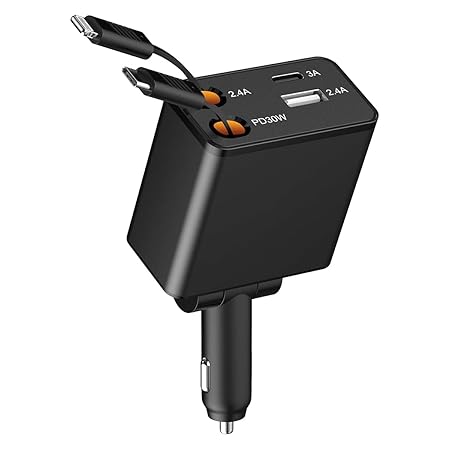 AMPERE 120W Retractable Car Charger - 4 in 1 Fast Car Charger with USB-C & Lightning Cables & Dual USB Ports (Type-C PD & USB-A)