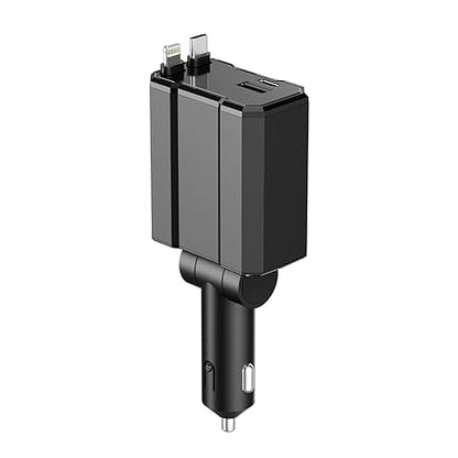 AMPERE 93W Retractable Car Charger - 4 in 1 Fast Car Charger with USB-C & Lightning Cables & Dual USB Ports (Type-C PD & USB-A)
