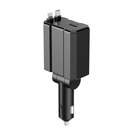 AMPERE 93W Retractable Car Charger - 4 in 1 Fast Car Charger with USB-C & Lightning Cables & Dual USB Ports (Type-C PD & USB-A)