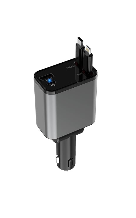Sevenaire Retractable Car Charger, 69W Super Fast Car Charger with Cables, Type C & USB-A Ports, USB-C & Lightening Retractable Cables (80cm)