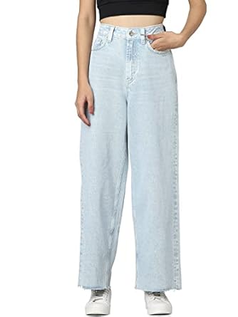 ONLY Women High-Rise Clean Look Heavy Fade Wide Leg Cotton Jeans