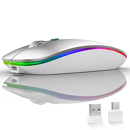 Uiosmuph LED Wireless Mouse, G12 Slim Rechargeable Silent Mouse, 2.4G Portable Optical Computer Mice with USB Receiver and Type C Adapter (Silver)