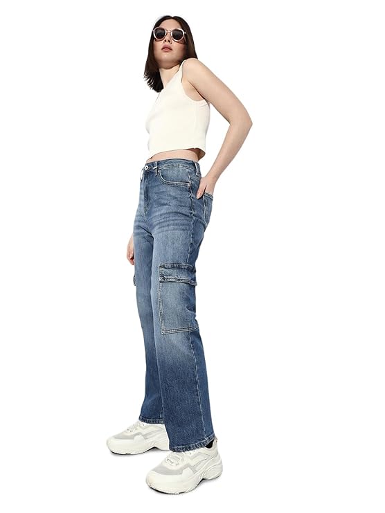 ONLY Women's Cargo Denim Jeans | High Rise Stretchable Straight-Fit Denim| Boyfriend Jeans for Women