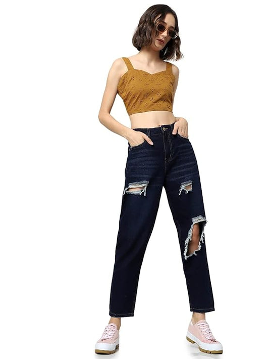 ONLY Women's Mom Fit High Rise Distressed Jeans