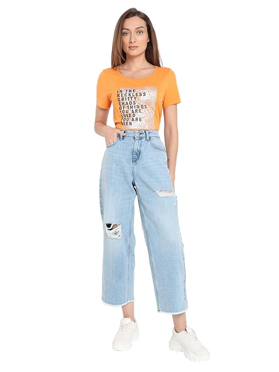 VERO MODA Women Cotton Wide Leg High-Rise Mildly Distressed Heavy Fade Cropped Jeans