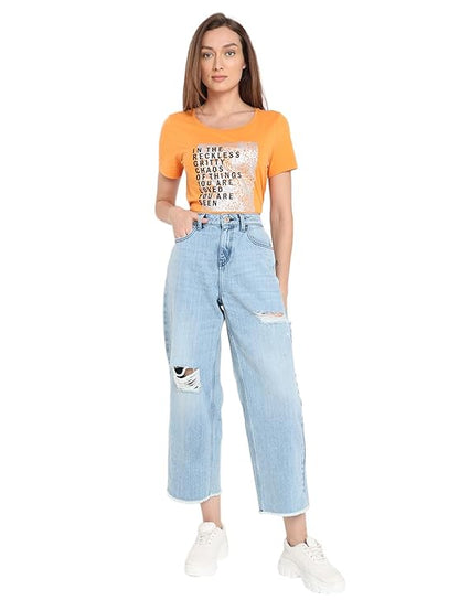 VERO MODA Women Cotton Wide Leg High-Rise Mildly Distressed Heavy Fade Cropped Jeans