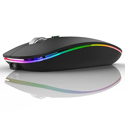 Uiosmuph LED Wireless Mouse, G12 Slim Rechargeable Wireless Silent Mouse, 2.4G Portable USB Optical Wireless Computer Mice with USB Receiver and Type C Adapter (Matte Black)