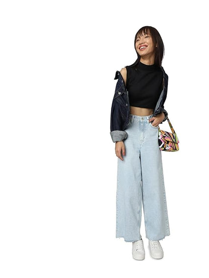 ONLY Women High-Rise Clean Look Heavy Fade Wide Leg Cotton Jeans
