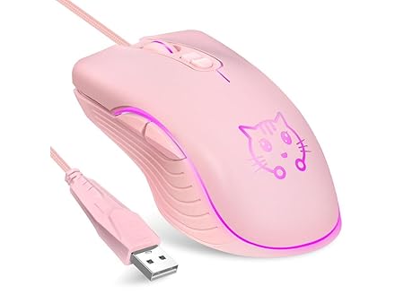 CORN Gaming Wired USB Mouse, 2400DPI 4 Adjustable Levels, Ergonomic Slient Mouse for PC/Desktop/Laptop - Pink Cat