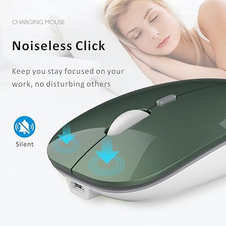 Q5 Slim Rechargeable Wireless Mouse, 2.4G Portable Optical Silent Ultra Thin Wireless Computer Mouse with USB Receiver and Type C Adapter, Compatible with PC, Laptop, Desktop (Blackish Green)
