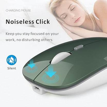 Q5 Slim Rechargeable Wireless Mouse, 2.4G Portable Optical Silent Ultra Thin Wireless Computer Mouse with USB Receiver and Type C Adapter, Compatible with PC, Laptop, Desktop (Blackish Green)