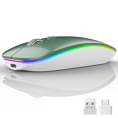 Uiosmuph LED Wireless Mouse G12 Slim Rechargeable Silent Mouse, 2.4G Portable USB Optical Computer Mice With USB Receiver and Type C Adapter (Blacklish Green)