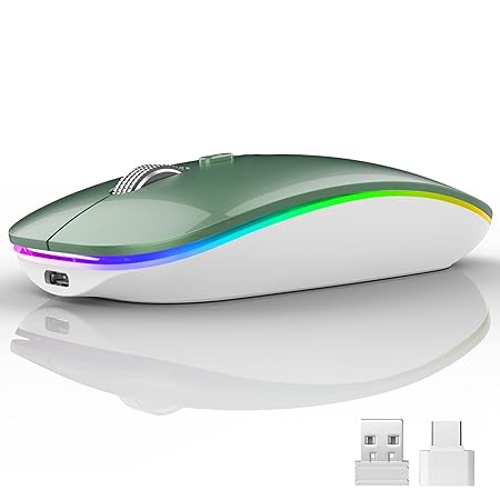 Uiosmuph LED Wireless Mouse G12 Slim Rechargeable Silent Mouse, 2.4G Portable USB Optical Computer Mice With USB Receiver and Type C Adapter (Blacklish Green)