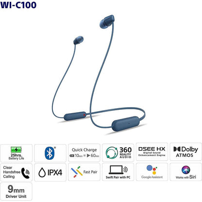 Sony WI-C100 Wireless Headphones with Customizable Equalizer for Deep Bass & 25 Hrs Battery (4 color options)