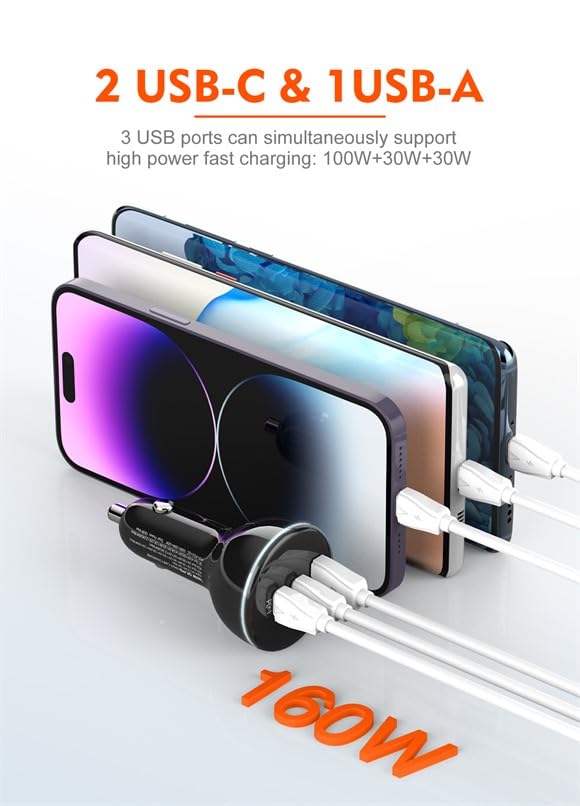 LDNIO C102 3 in 1 car Quick Charge 130W Laptop Mobile Cell Phone 100W 30W qc3.0 Dual pd Type c high Power 3 Ports car Charger