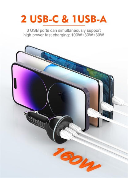 LDNIO C102 3 in 1 car Quick Charge 130W Laptop Mobile Cell Phone 100W 30W qc3.0 Dual pd Type c high Power 3 Ports car Charger