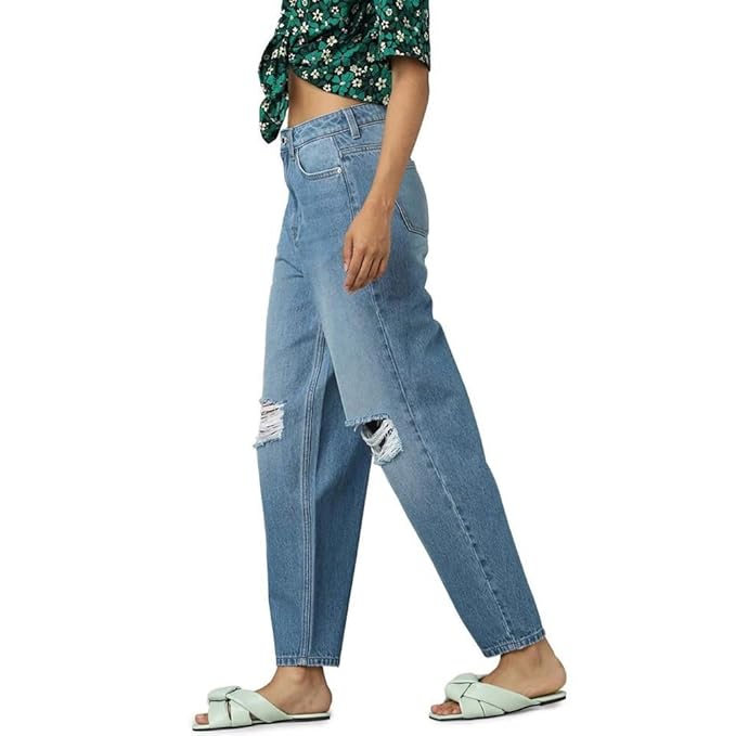 ONLY Women High Rise Relaxed Fit Highly Distressed|Light Fade Jeans