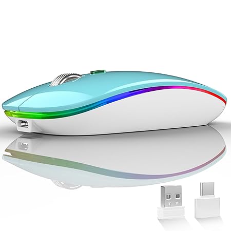 Uiosmuph LED Wireless Silent Mouse, G12 Slim Rechargeable, 2.4G Portable USB Optical Computer Mice with USB Receiver and Type C Adapter (Blue)
